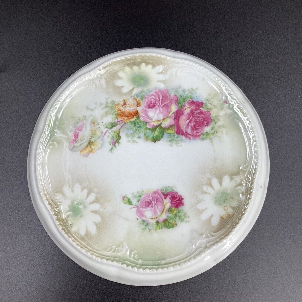 Antique Three Crown China Germany Teapot Trivet Ceramic Porcelain Floral Rose